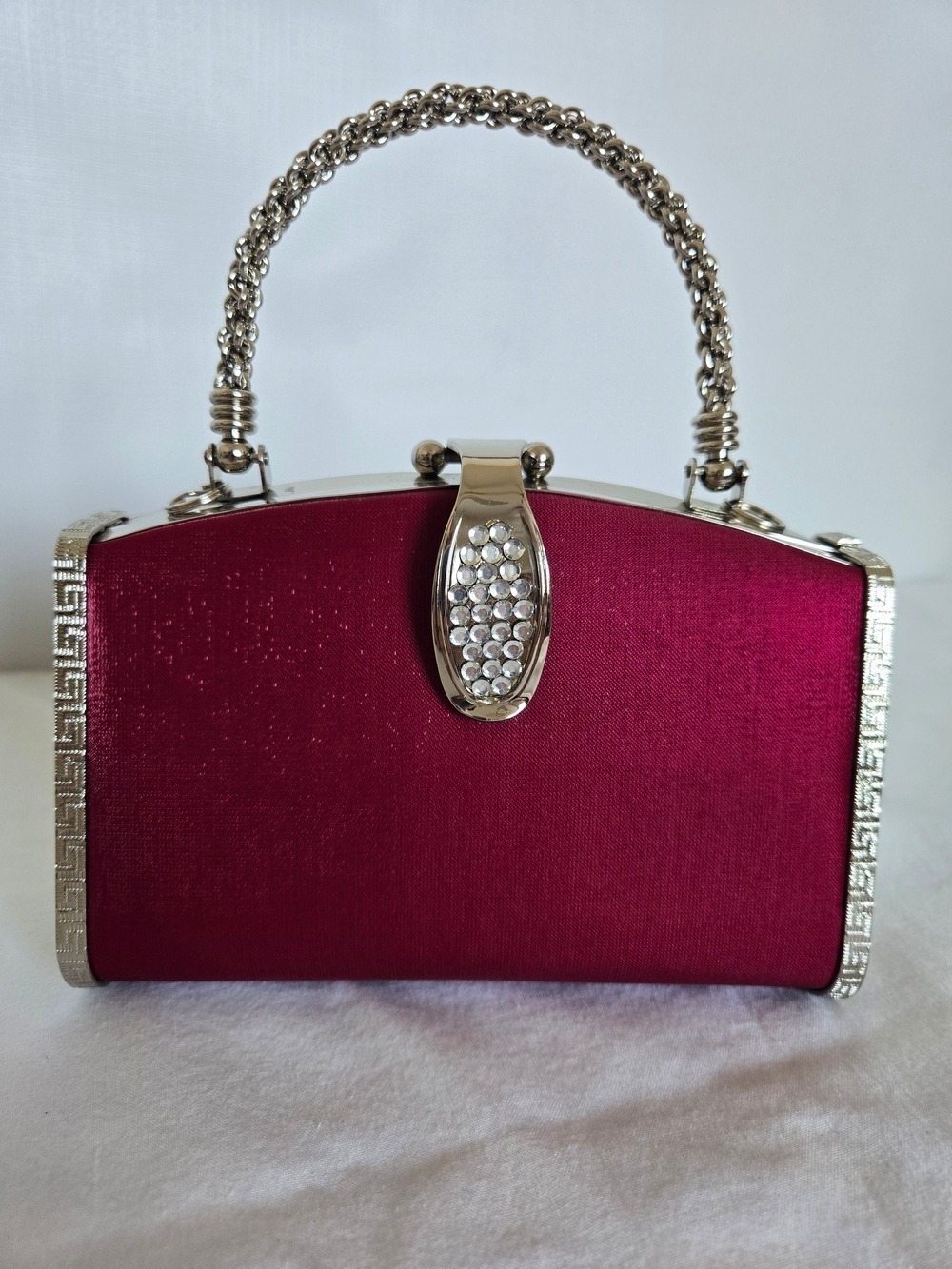 CLUTCH CROSSBODY BAG RED SATIN FAUX CRYSTAL SILVER HARDWARE FORMAL